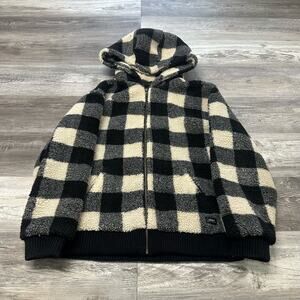 Obey Black Cream Womens S Buffalo Plaid Sherpa Fleece Zip Hooded Ridge Jacket